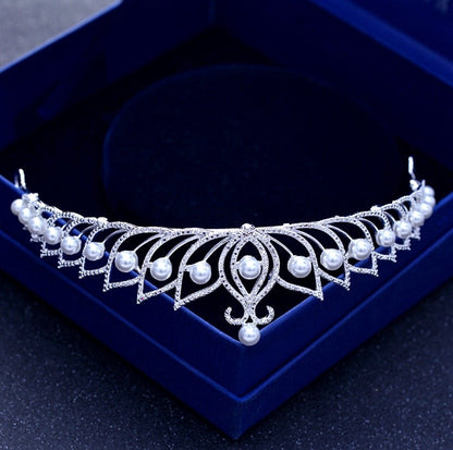 Tracy - Wedding Pearl and Cubic Zirconia Tiara - Available in Silver and Rose Gold