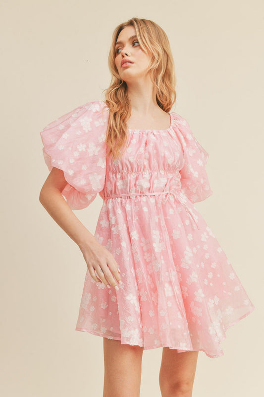 Pink Floral Bubble Sleeve Flared Mini Dress