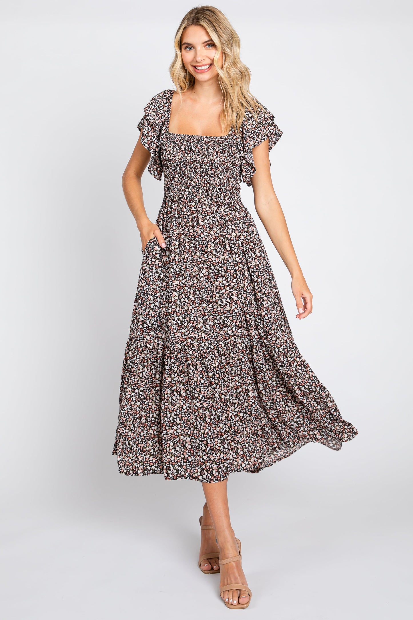 Black Floral Flutter Maternity Midi Dress