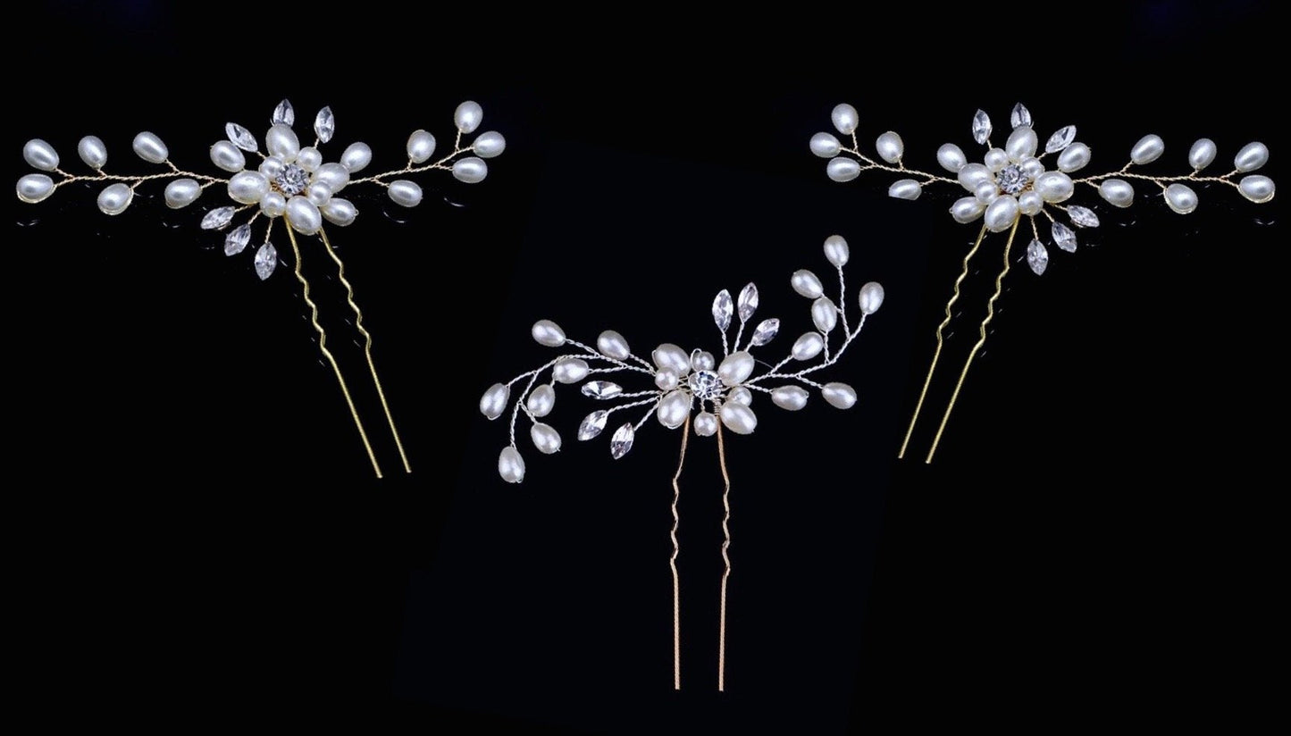 Blanca - Pearl and Crystal Bridal Hair Pin - Set of 3