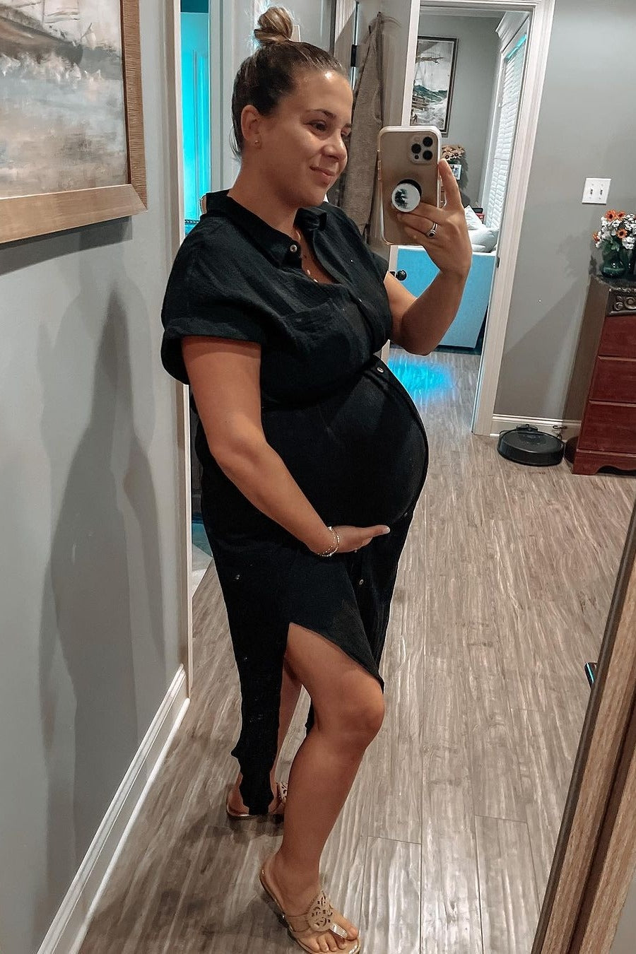 Black Button Down Maternity Midi Dress