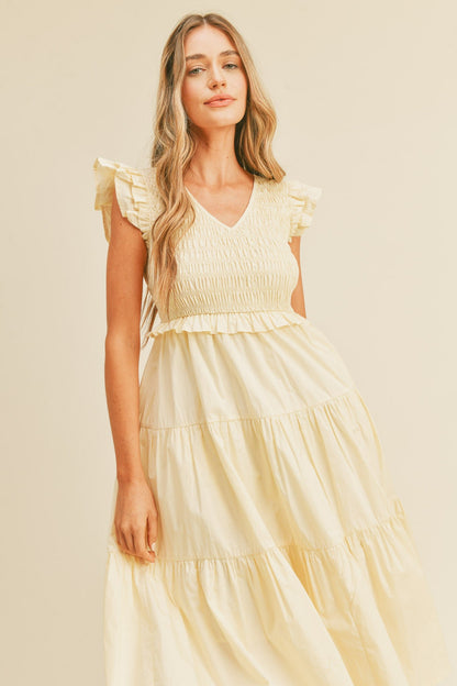 Cream Smocked Flutter Sleeve Tiered Midi Dress