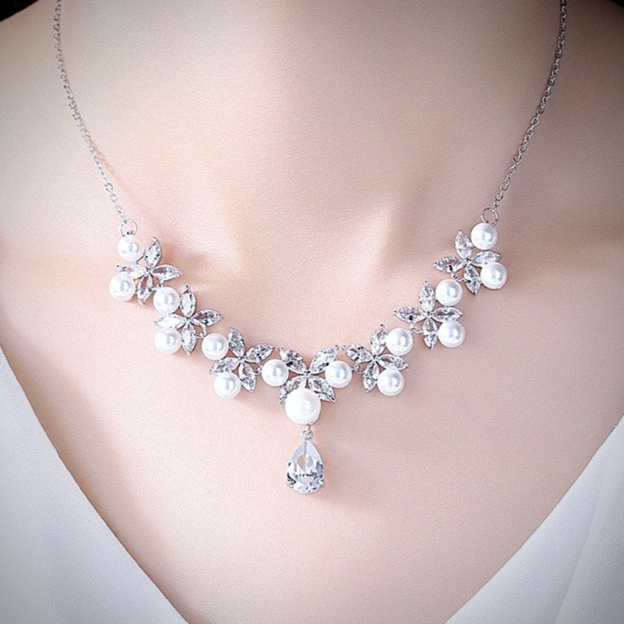 Louise - Silver Cubic Zirconia and Pearl 3-Piece Bridal Jewelry Set With Tiara