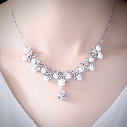 Louise - Silver Cubic Zirconia and Pearl 3-Piece Bridal Jewelry Set With Tiara