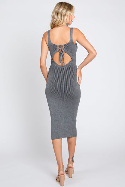 Grey Rib Knit Lace Up Back Midi Dress