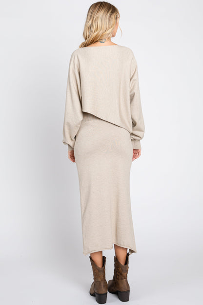 Beige Knit Long Sleeve Crop Top Midi Skirt Set