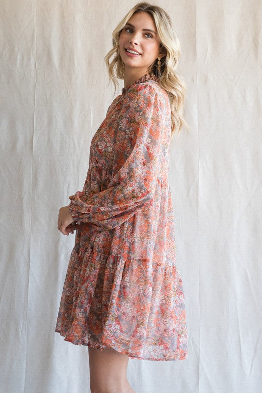 Grey Floral Chiffon Ruffle Mock Neck Tiered Dress