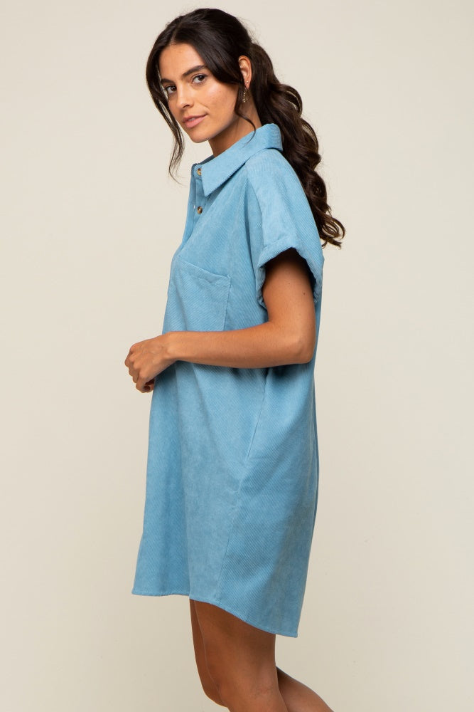 Light Blue Ribbed Button Down Mini Dress