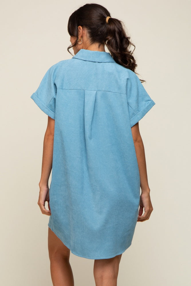 Light Blue Ribbed Button Down Mini Dress