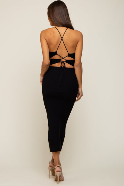 Black Rib Knit Cutout Criss Cross Back Maternity Maxi Dress