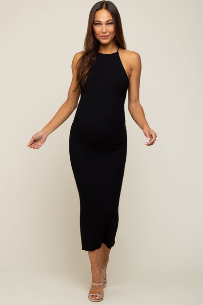 Black Rib Knit Cutout Criss Cross Back Maternity Maxi Dress