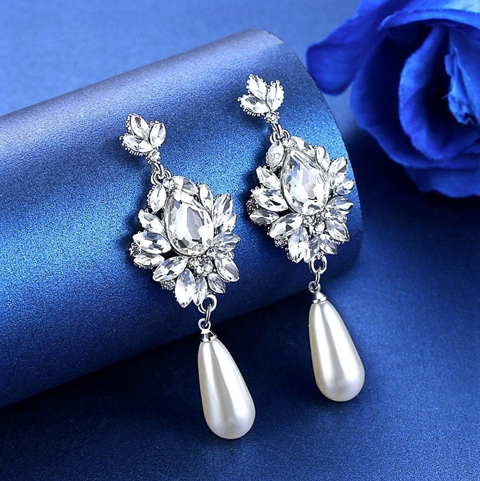 Valencia - Pearl and Crystal Bridal Earrings - Available in Silver and Gold