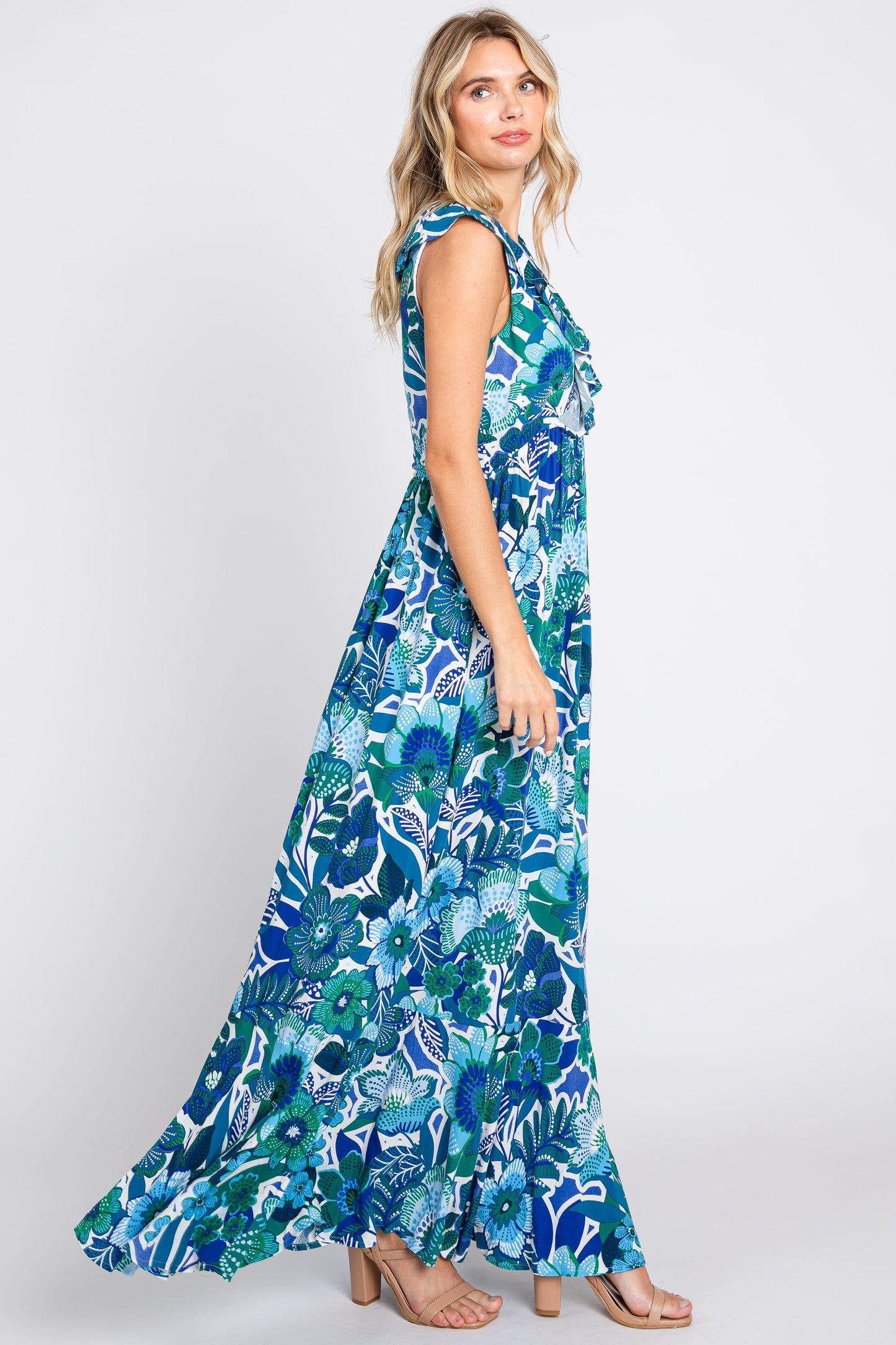 Blue Floral Ruffle Accent Sleeveless Maxi Dress