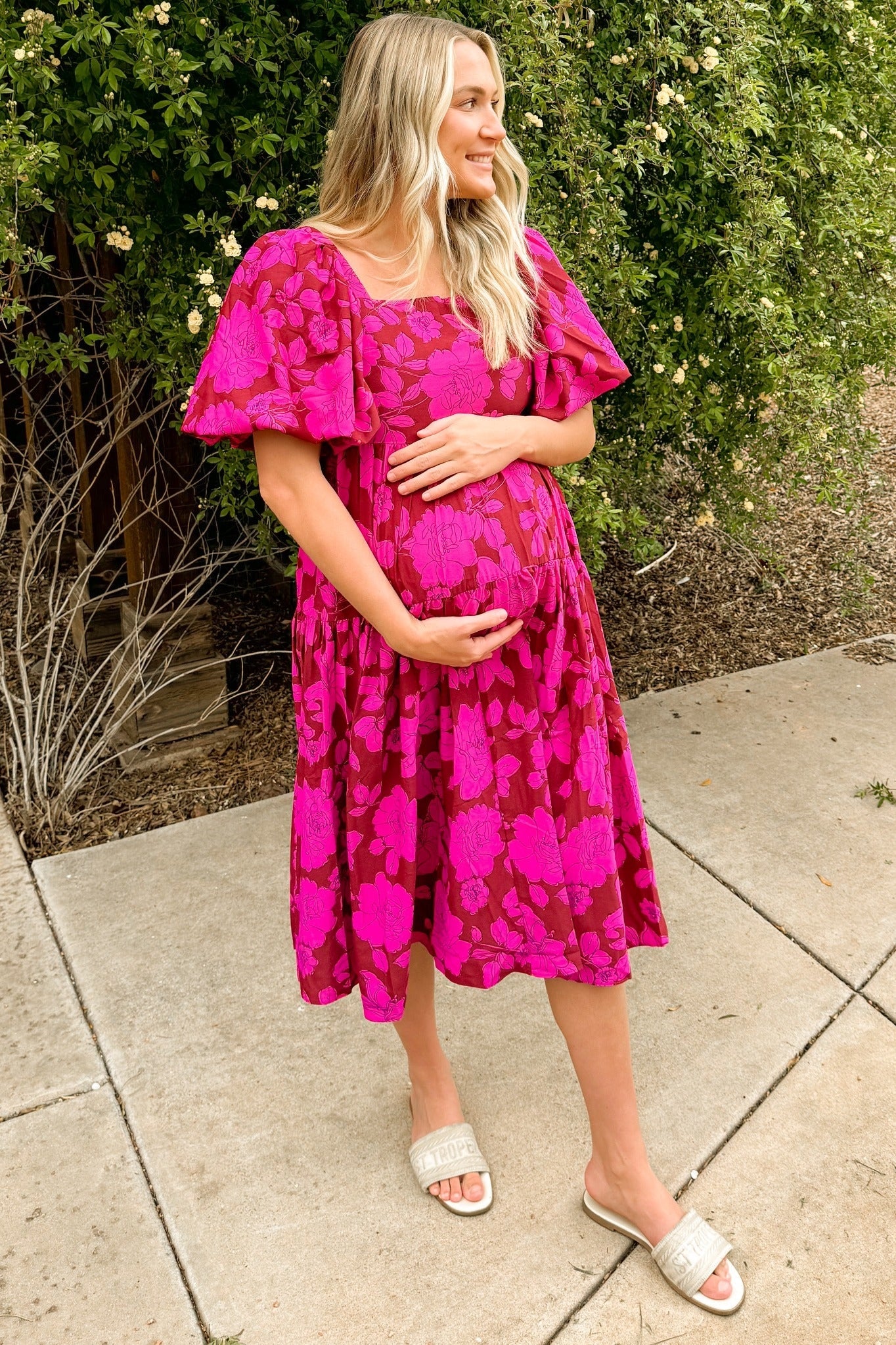 Magenta Floral Puff Sleeve Tiered Maternity Dress