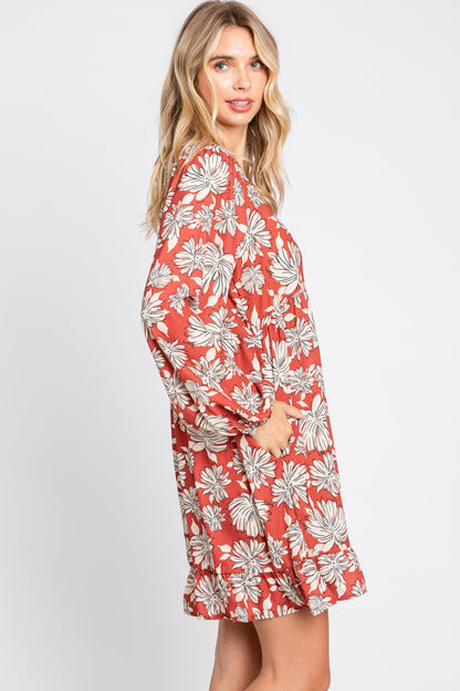 Rust Floral V-Neck Long Sleeve Dress