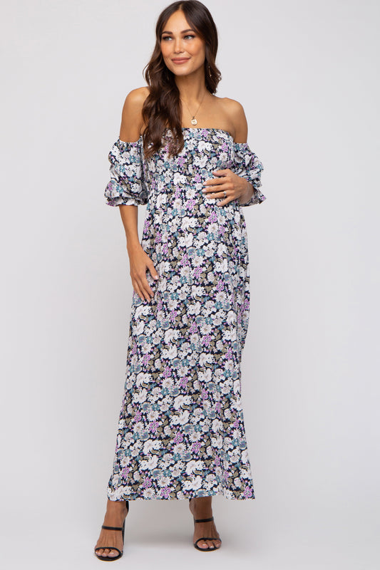 Black Floral Print Off Shoulder Smocked Maternity Maxi Dress