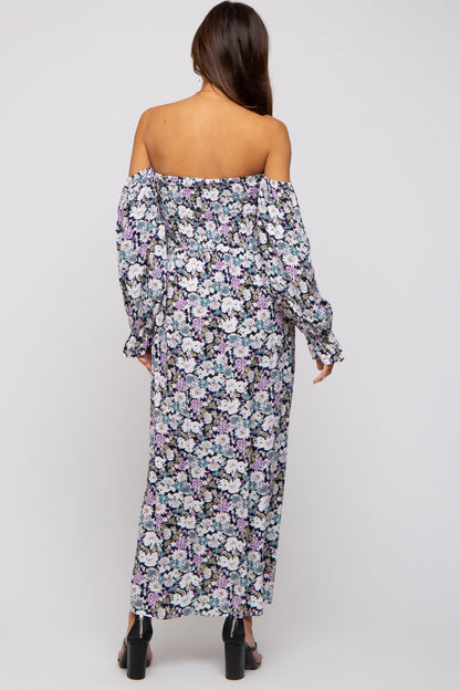 Black Floral Print Off Shoulder Smocked Maternity Maxi Dress