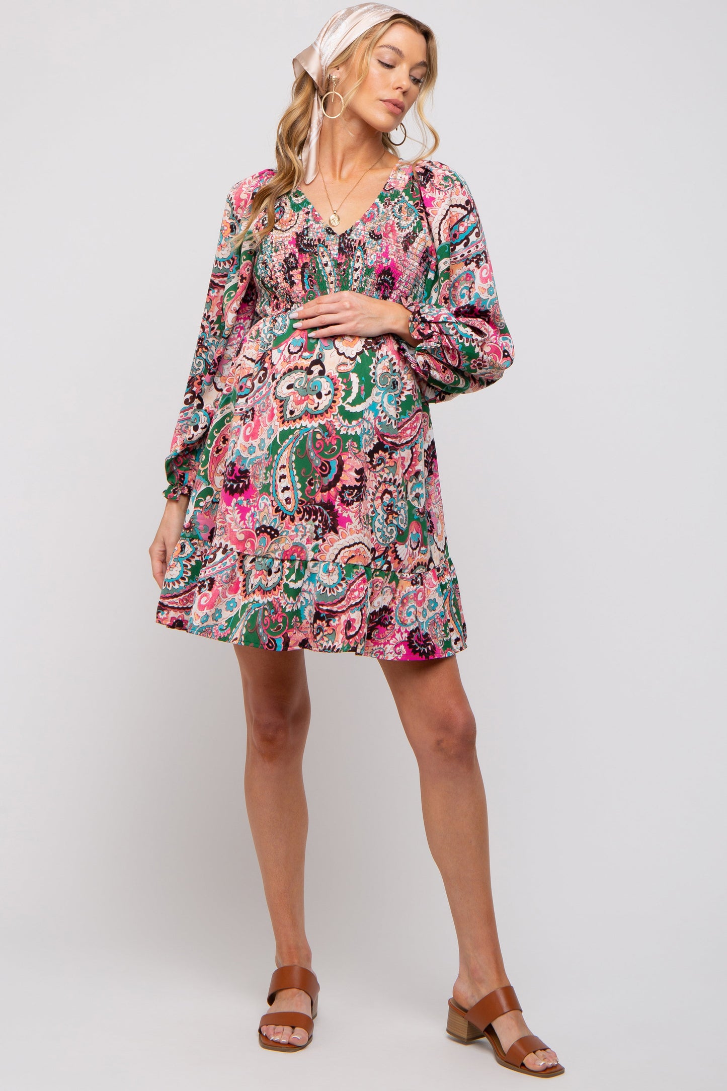 Pink Paisley Smocked Long Sleeve Maternity Dress
