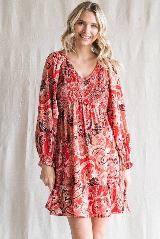 Red Paisley Smocked Long Sleeve Maternity Dress
