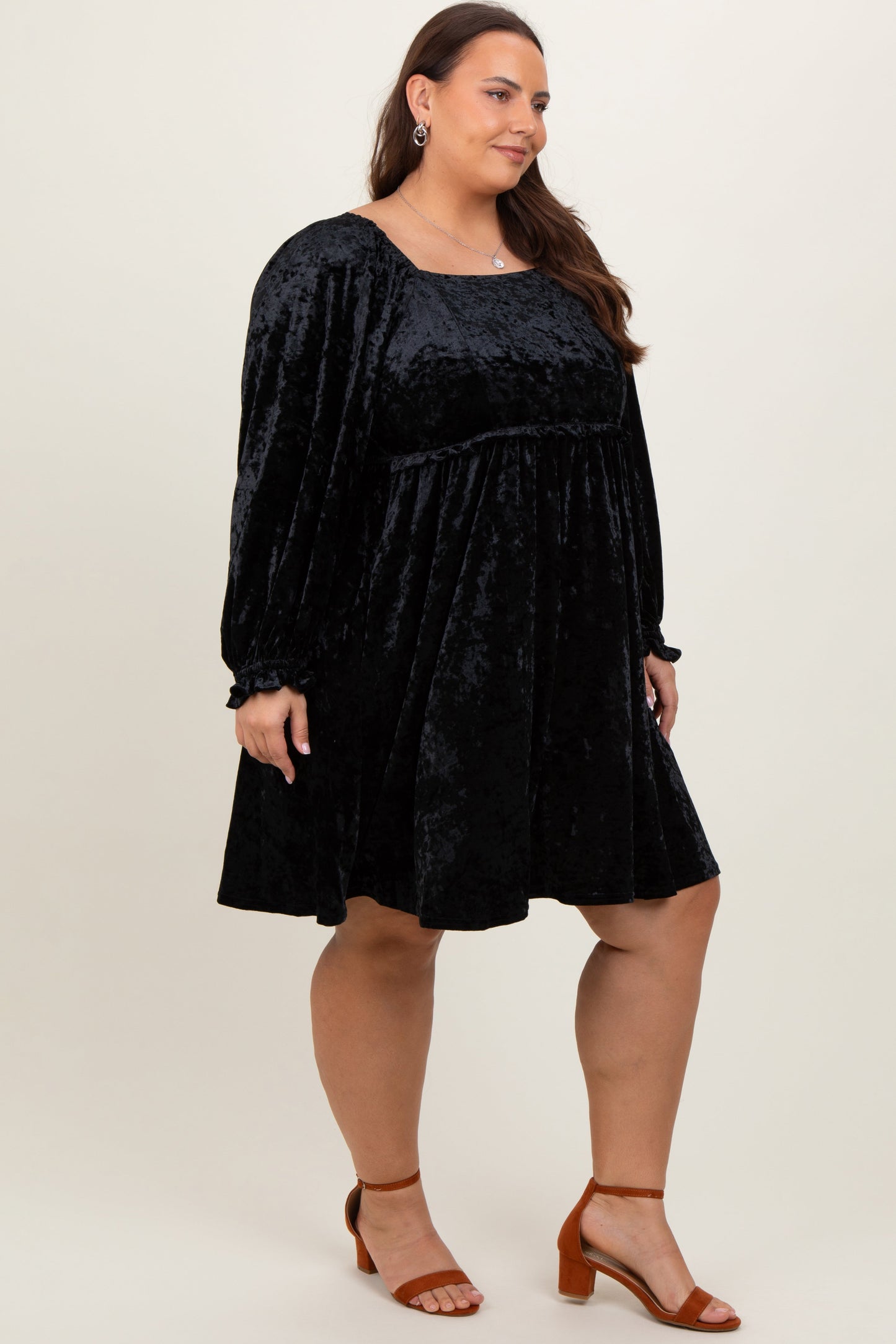 Black Velour Square Neck Plus Dress