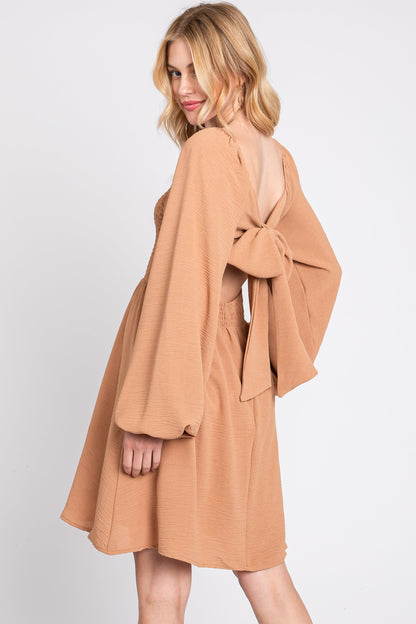 Camel Tie Back Smocked Long Sleeve Dress