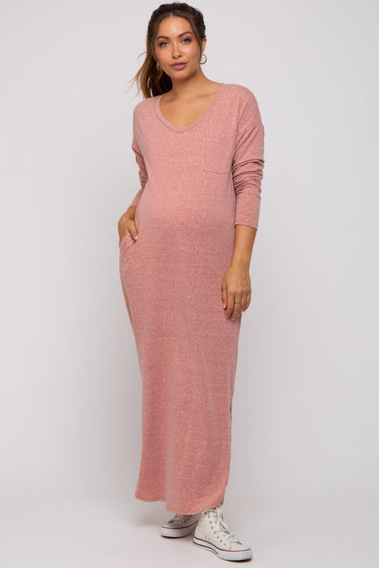 Pink Heathered Pocketed Long Sleeve Maternity Maxi Dress