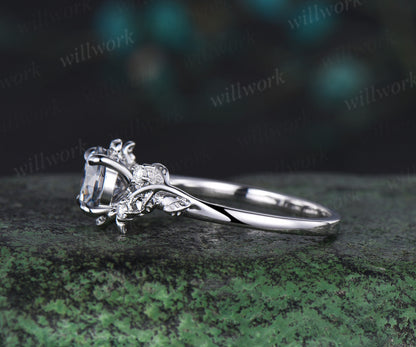 Vintage 1ct round gray moissanite engagement ring leaf 14k rose gold ring branch twig nature inspired five stone diamond wedding ring women