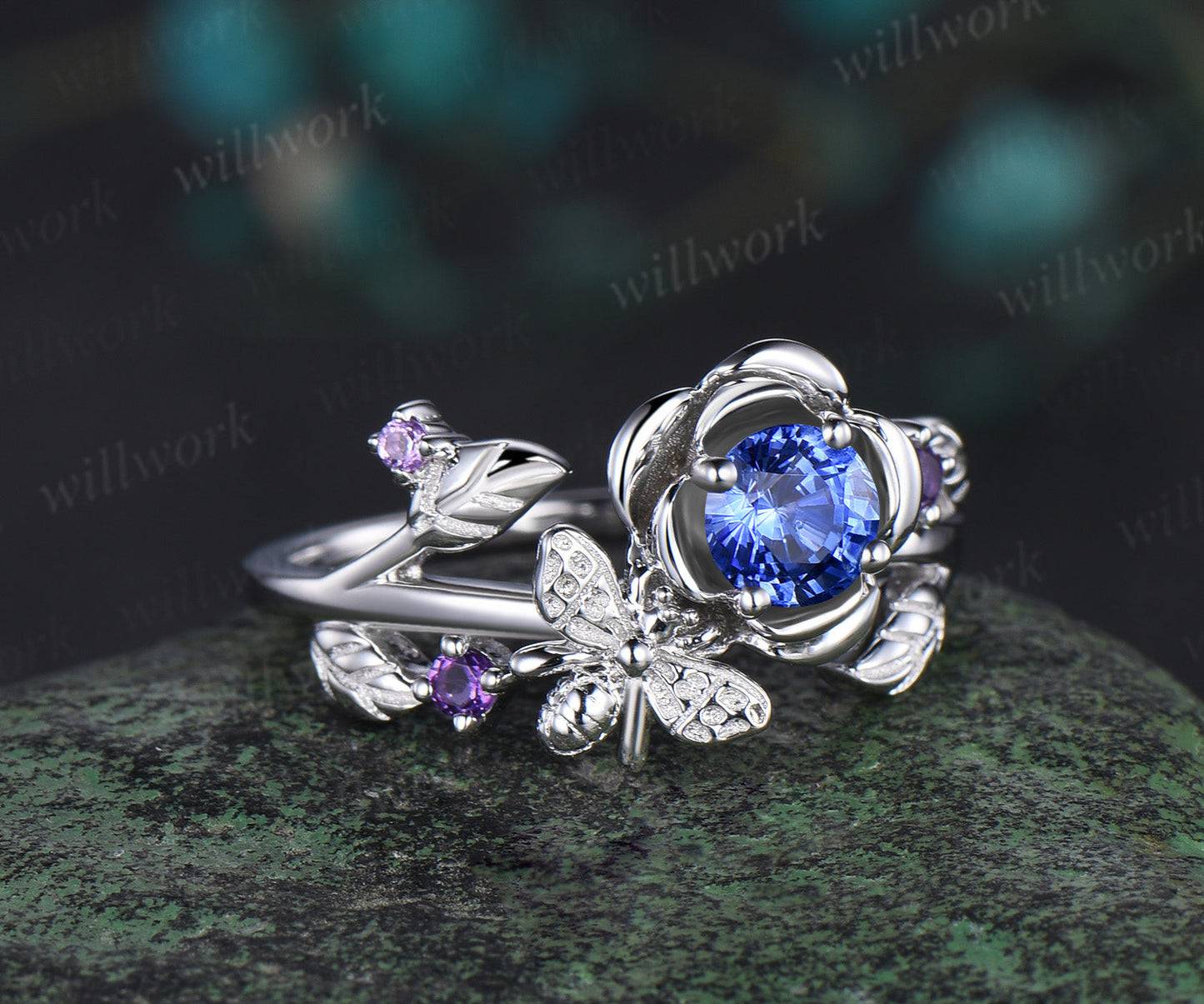 Vintage round cut natural sapphire engagement ring floral leaf bee amethyst wedding anniversary ring women