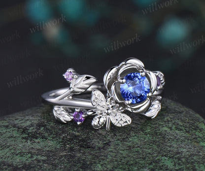 Vintage round cut natural sapphire engagement ring floral leaf bee amethyst wedding anniversary ring women