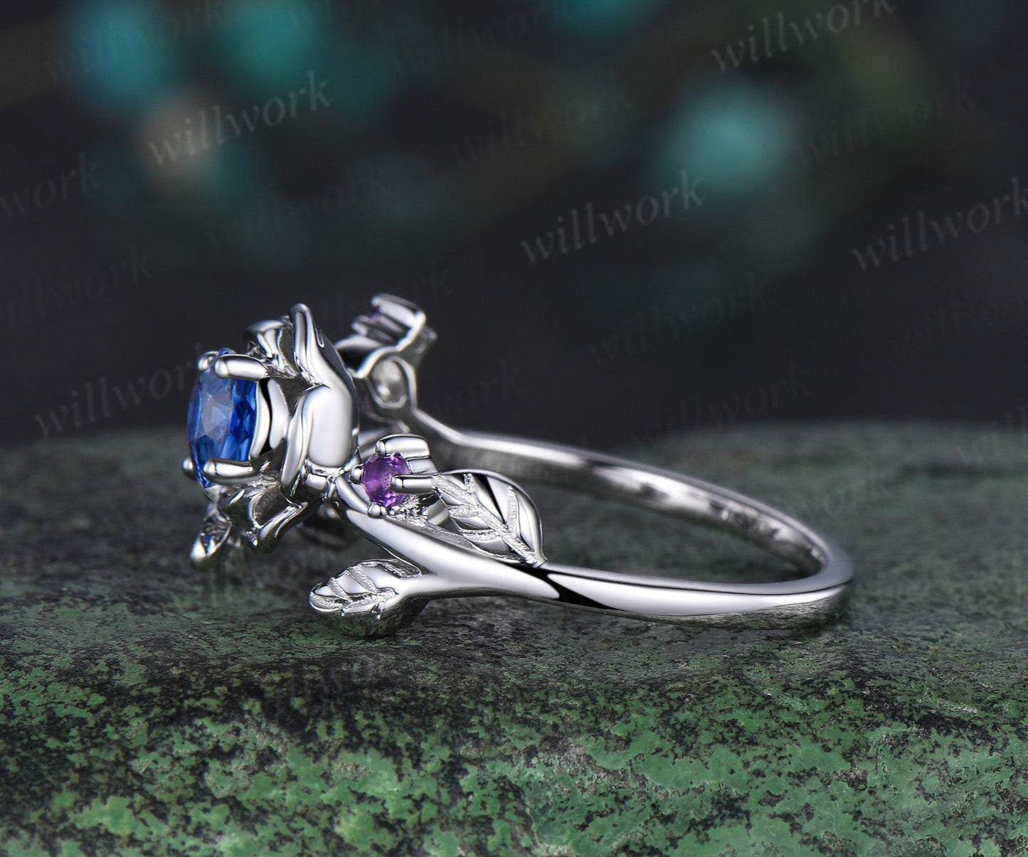 Vintage round cut natural sapphire engagement ring floral leaf bee amethyst wedding anniversary ring women
