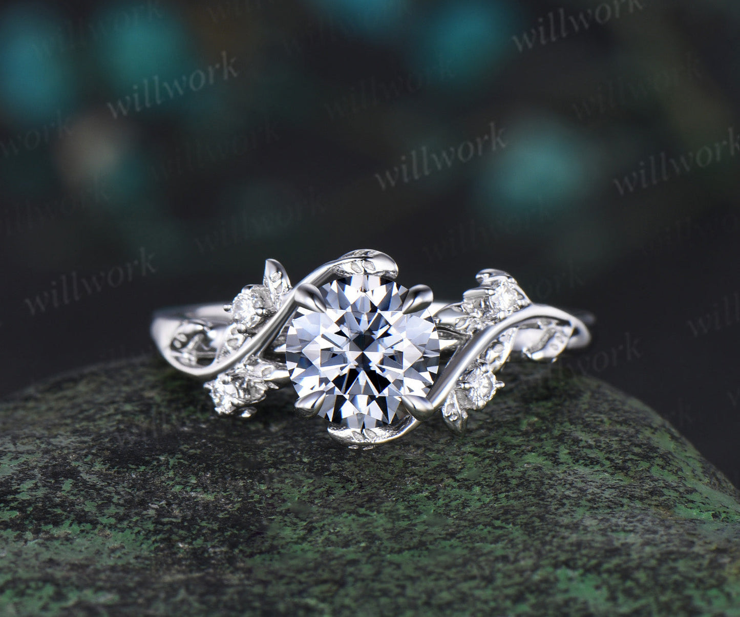 Vintage 1ct round gray moissanite engagement ring leaf 14k rose gold ring branch twig nature inspired five stone diamond wedding ring women