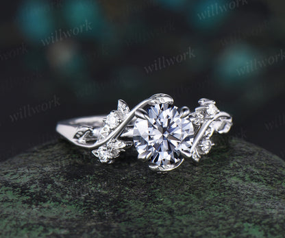 Vintage 1ct round gray moissanite engagement ring leaf 14k rose gold ring branch twig nature inspired five stone diamond wedding ring women