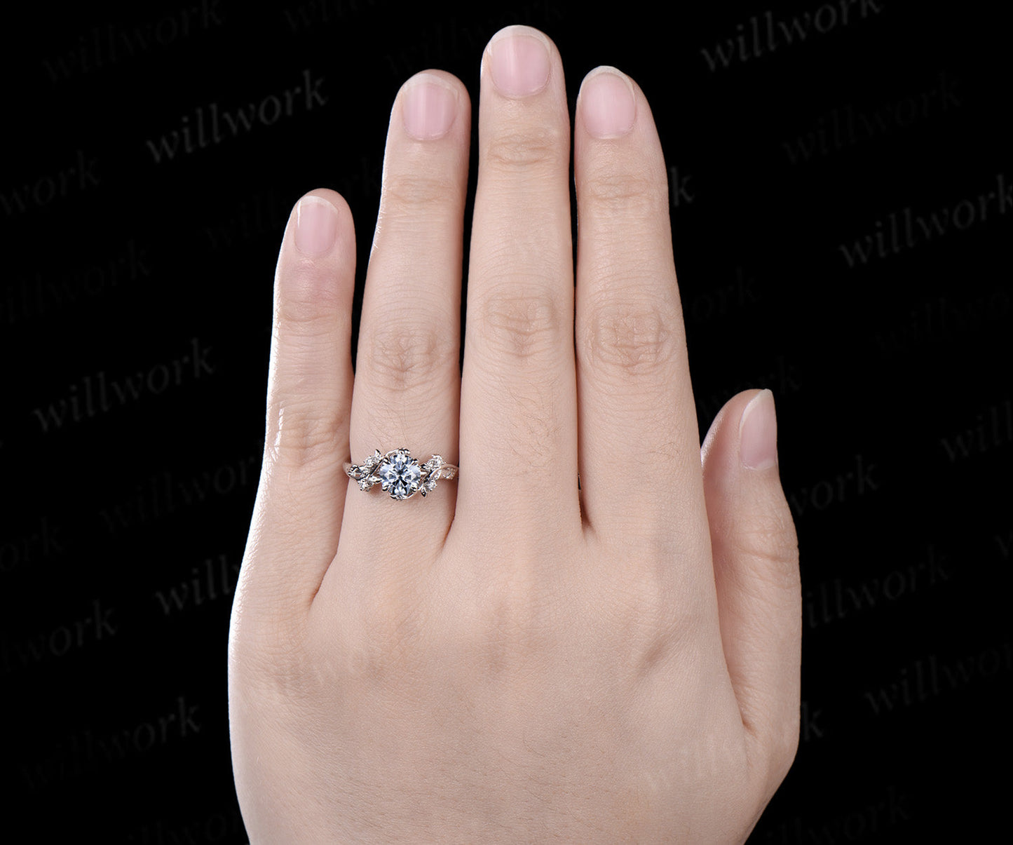 Vintage 1ct round gray moissanite engagement ring leaf 14k rose gold ring branch twig nature inspired five stone diamond wedding ring women