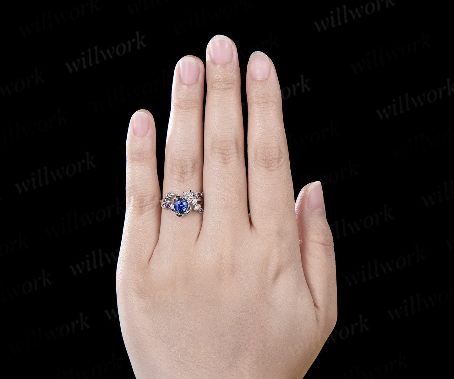 Vintage round cut natural sapphire engagement ring floral leaf bee amethyst wedding anniversary ring women