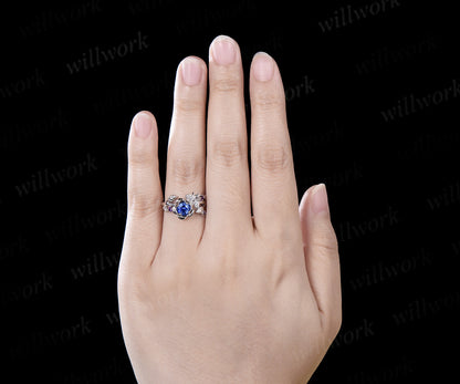 Vintage round cut natural sapphire engagement ring floral leaf bee amethyst wedding anniversary ring women