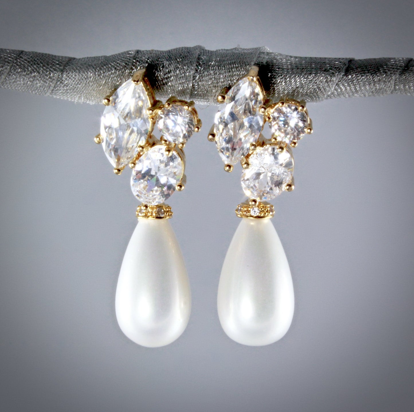Alexia - Bridal Pearl Drop Earrings - Available in Silver and Yellow Gold