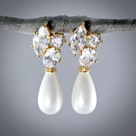Alexia - Bridal Pearl Drop Earrings - Available in Silver and Yellow Gold