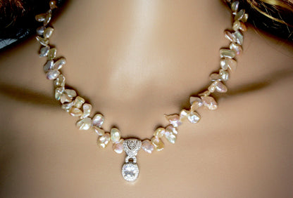 "Maura" - Keshi Pearls and Cubic Zirconia Bridal Necklace and Earrings Set
