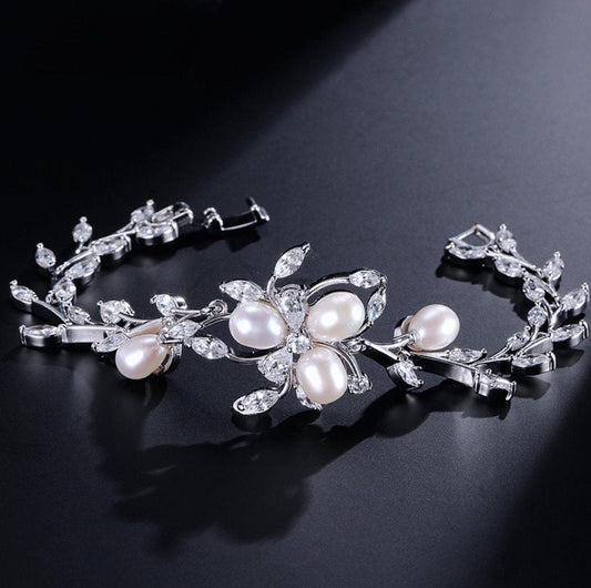 Anna - Freshwater Pearl and Cubic Zirconia Bridal Bracelet - Available in Silver, Rose Gold and Yellow Gold
