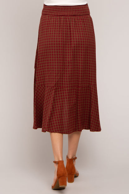 Burgundy Plaid Ruffle Maternity Midi Skirt