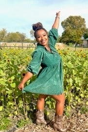 Green Corduroy Button Down Collared Dress
