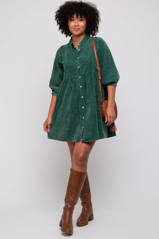 Green Corduroy Button Down Collared Dress
