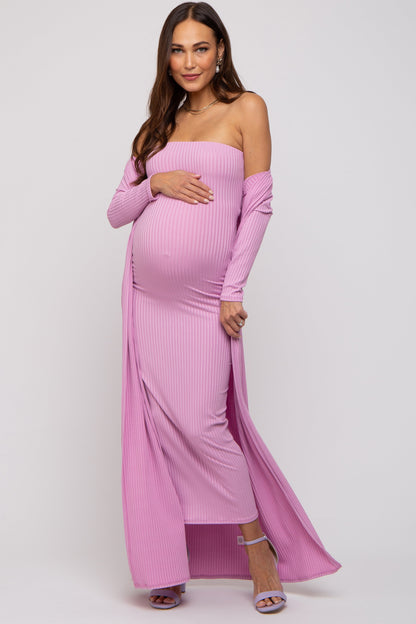 Pink Ribbed Sleeveless Dress Cardigan Maternity Set