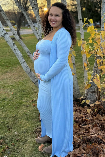 Light Blue Ribbed Sleeveless Dress Cardigan Maternity Set