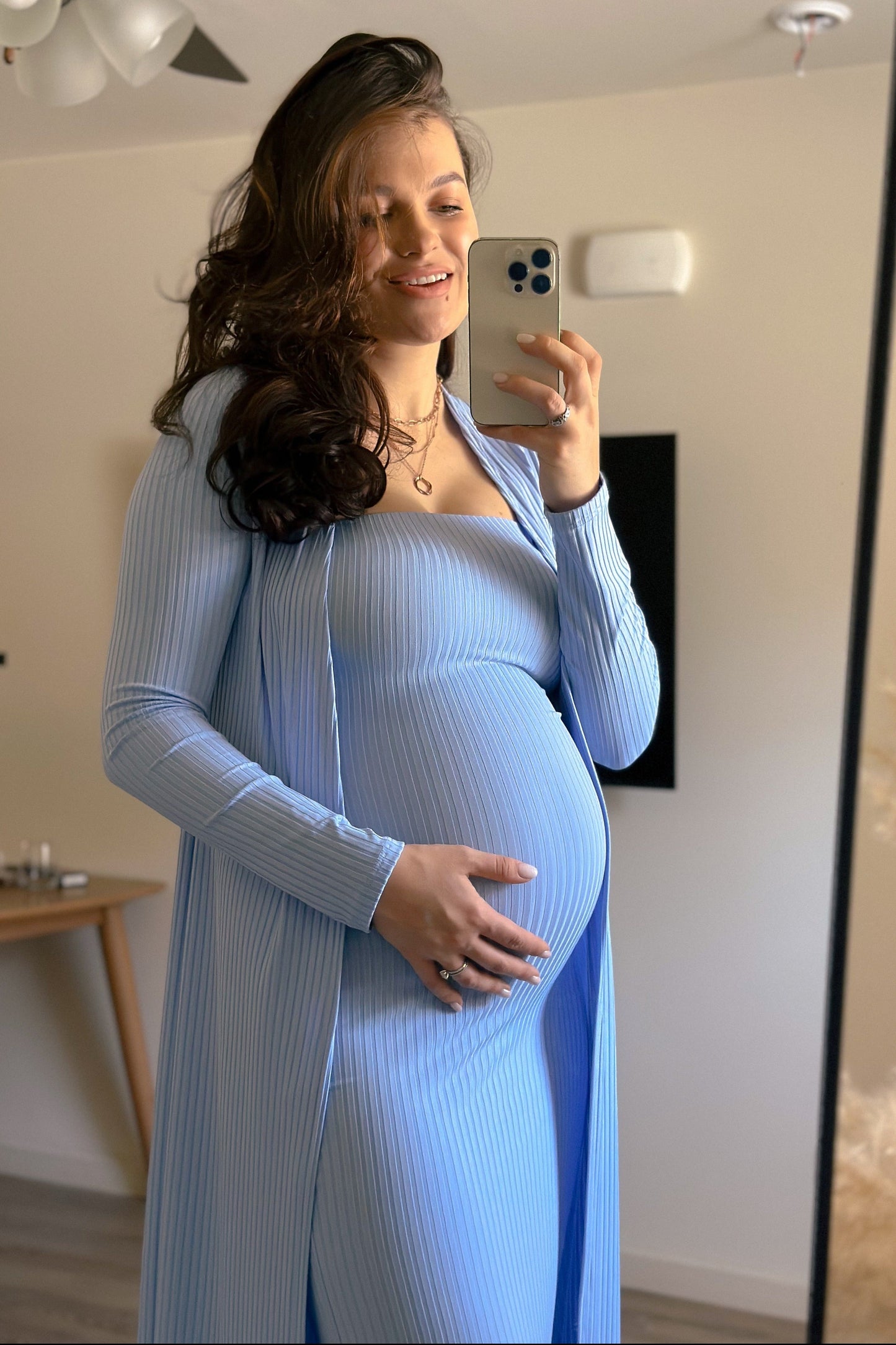 Light Blue Ribbed Sleeveless Dress Cardigan Maternity Set