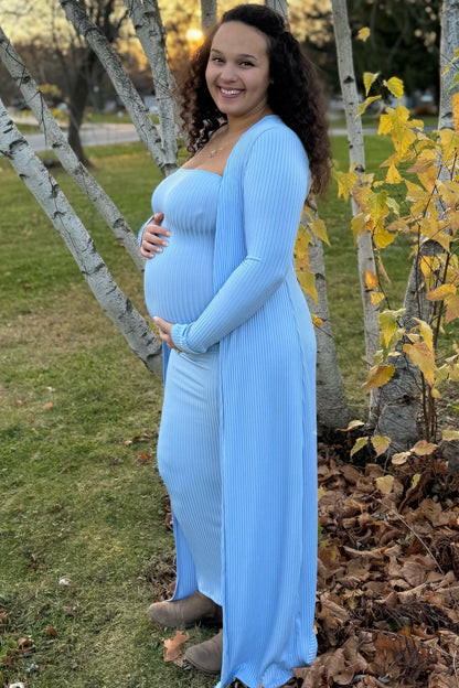 Light Blue Ribbed Sleeveless Dress Cardigan Maternity Set