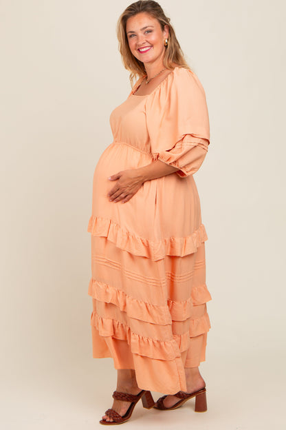 Peach Square Neck Ruffle Tiered Maternity Plus Maxi Dress