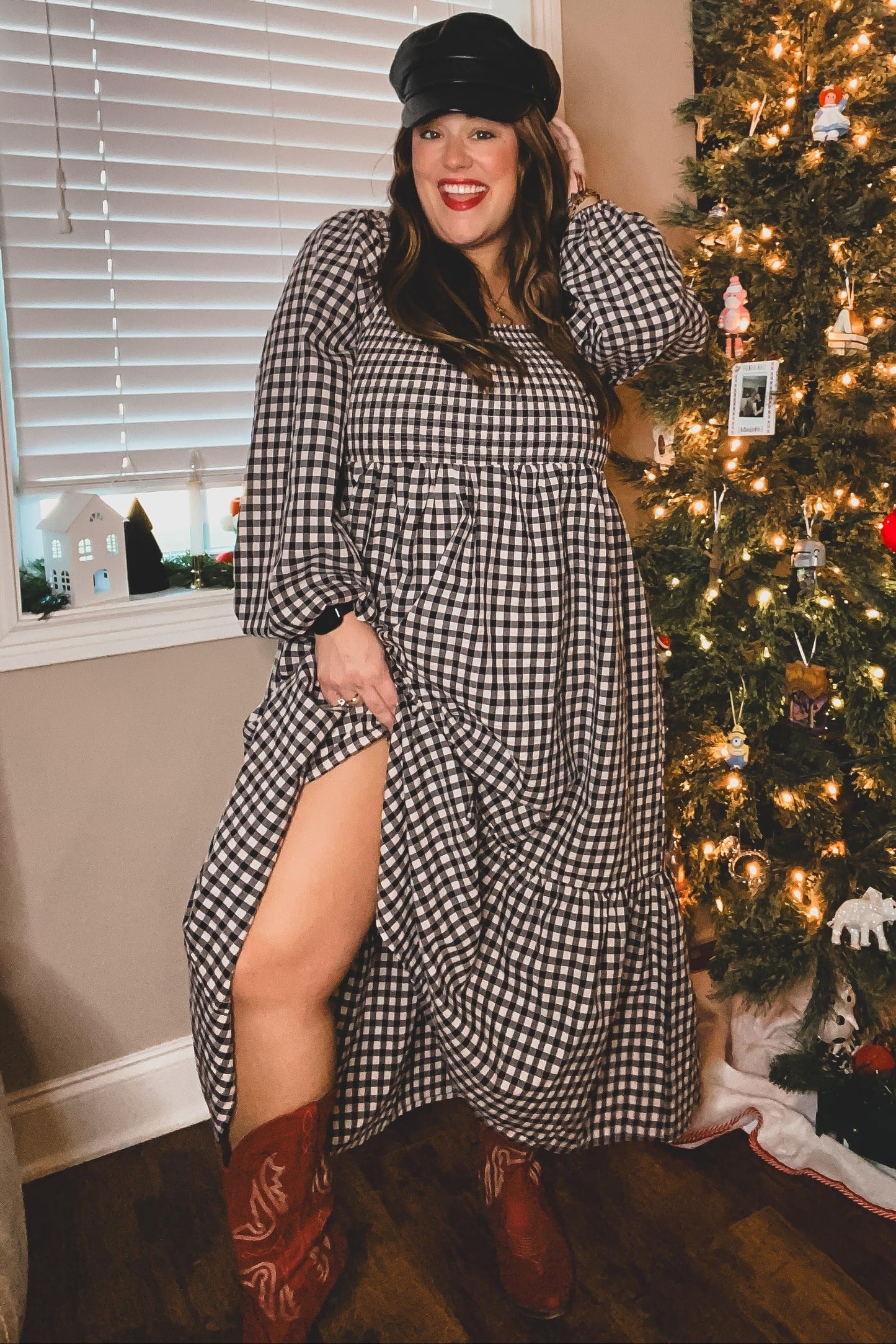 Black Gingham Long Sleeve Midi Dress