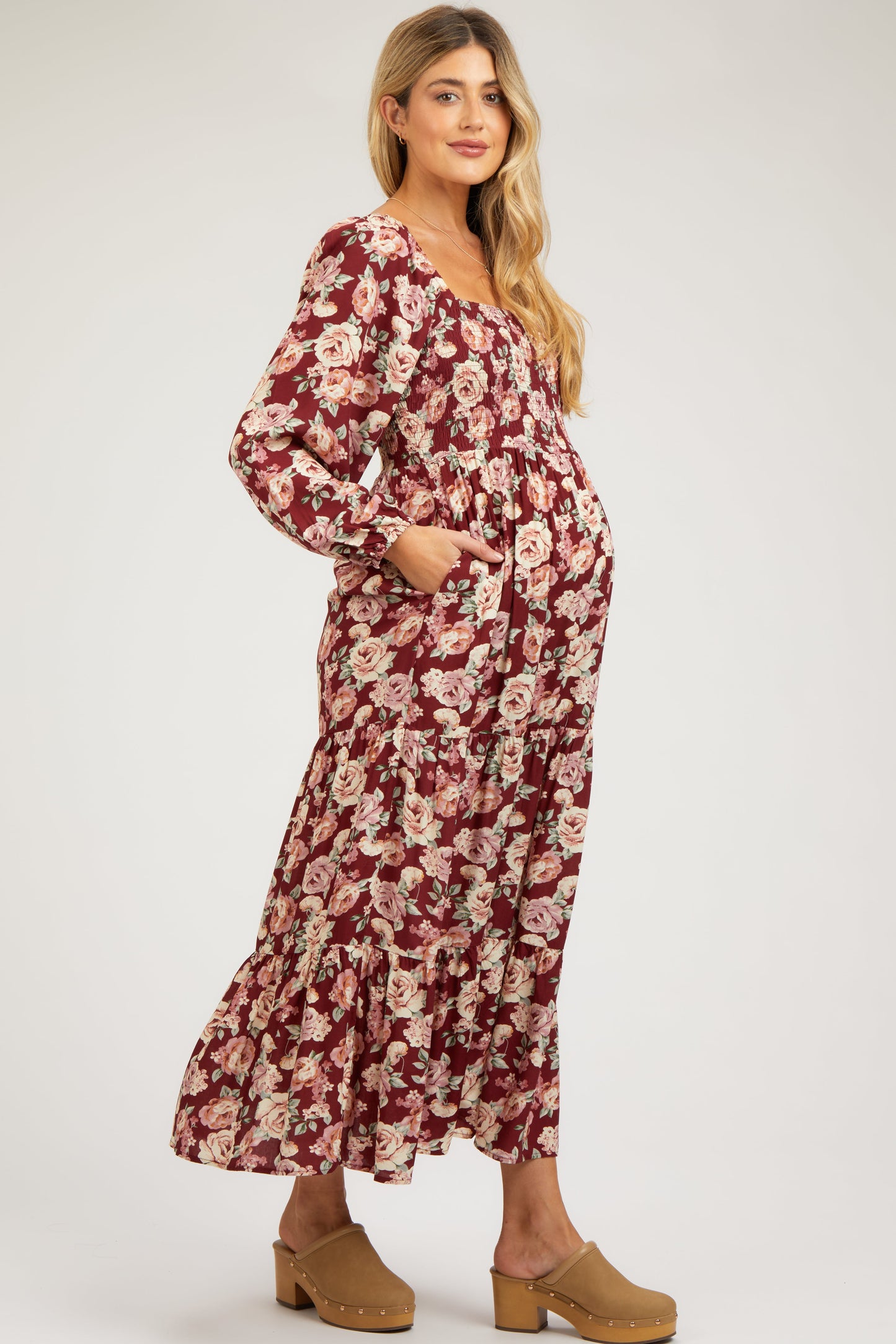 Burgundy Floral Long Sleeve Maternity Maxi Dress