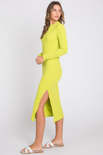 Lime Ribbed Mock Neck Long Sleeve Maternity Midi Dress
